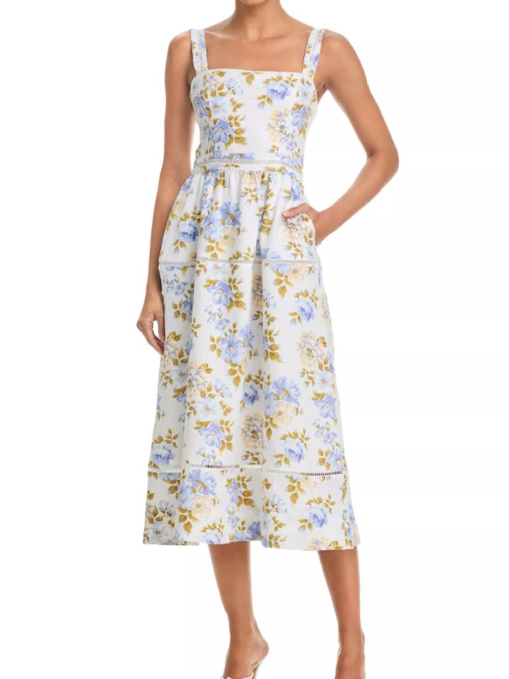 NWT REFORMATION Everett 100% Linen Midi Dress 12 Floral Blue Romantic, Smocked